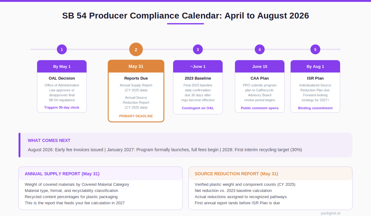 SB 54 Producer Compliance Calendar showing five milestones from April to August 2026, with May 31 reporting deadline highlighted as the primary deadline