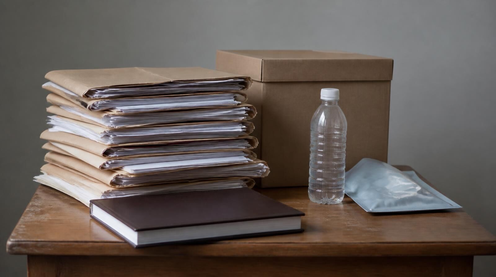 A stack of legal case files and a law book on a table beside a cardboard box, a plastic bottle and a flexible pouch