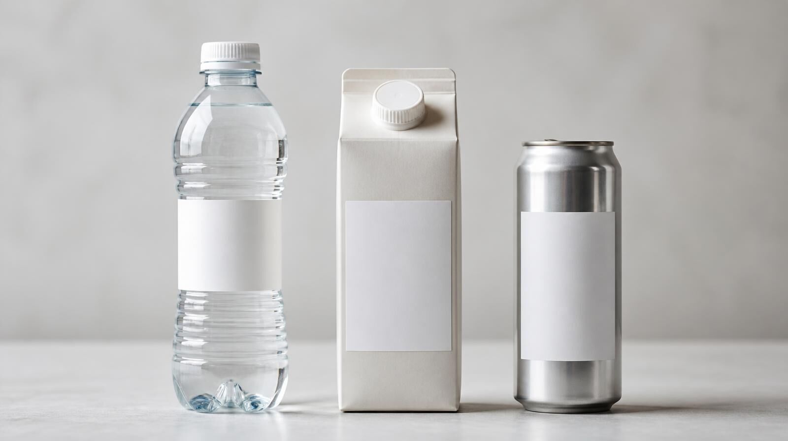 A plastic bottle, a paperboard carton and an aluminium can, each carrying a blank label