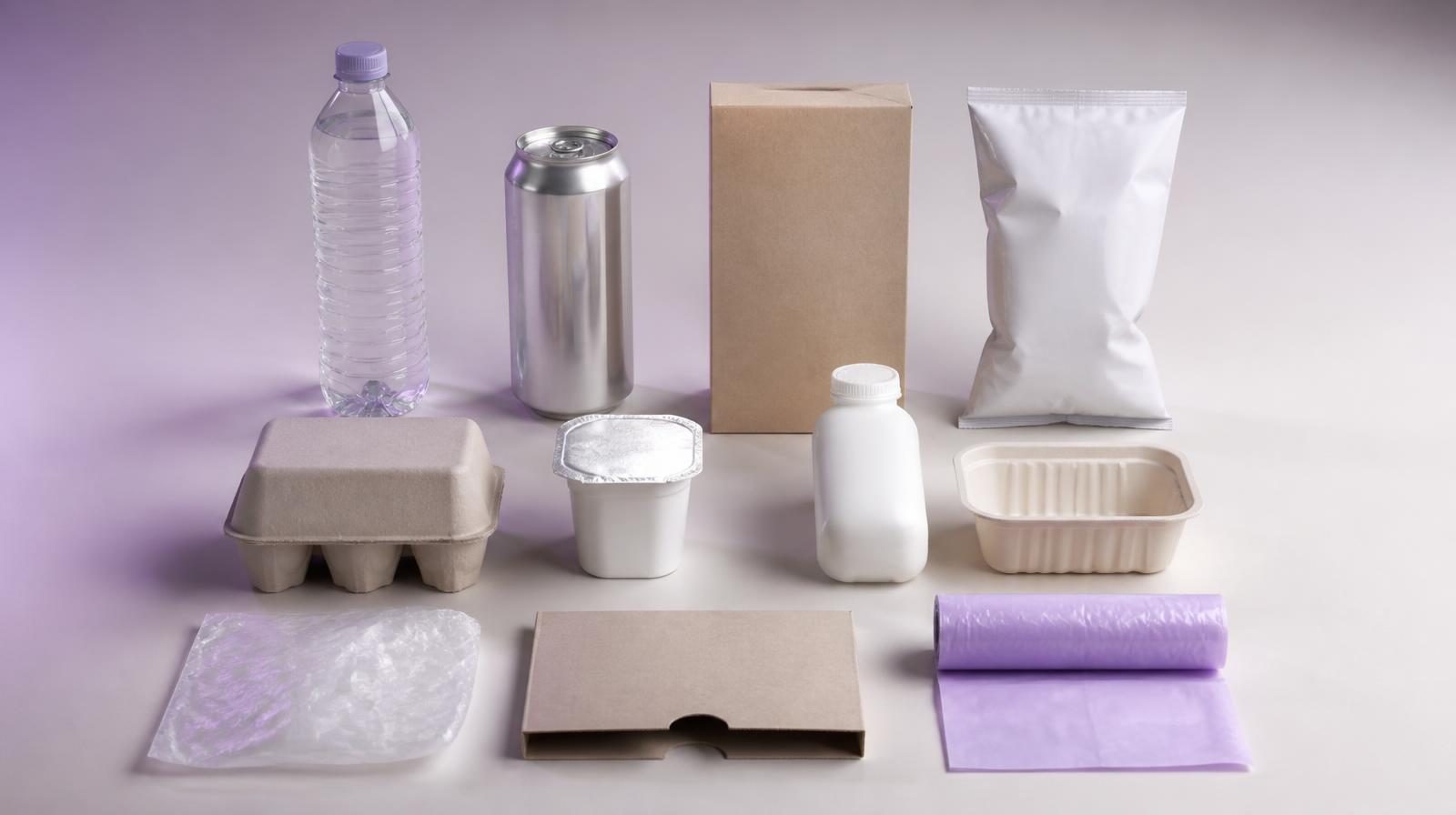 A grid of everyday UK household packaging formats on a neutral surface