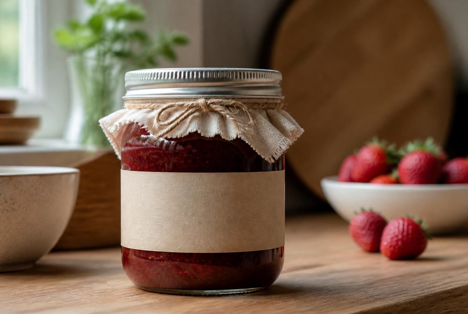 A glass jam jar with a paper label, steel lid, fabric cover and string tie