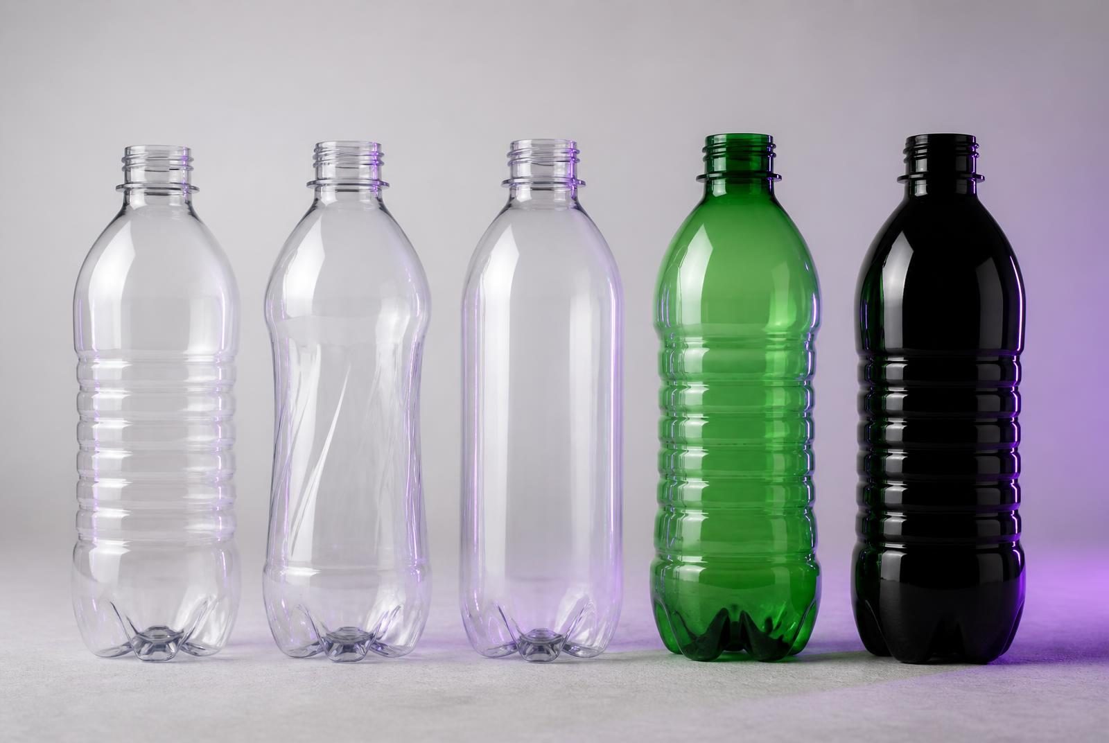 Three clear PET bottles beside a green PET bottle and a black PET bottle