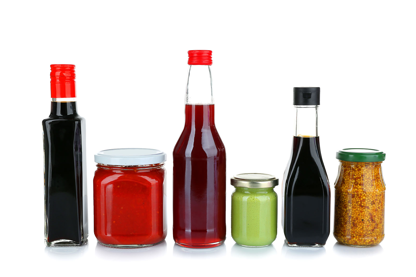 A range of sauce bottles and jars sharing the same pack formats