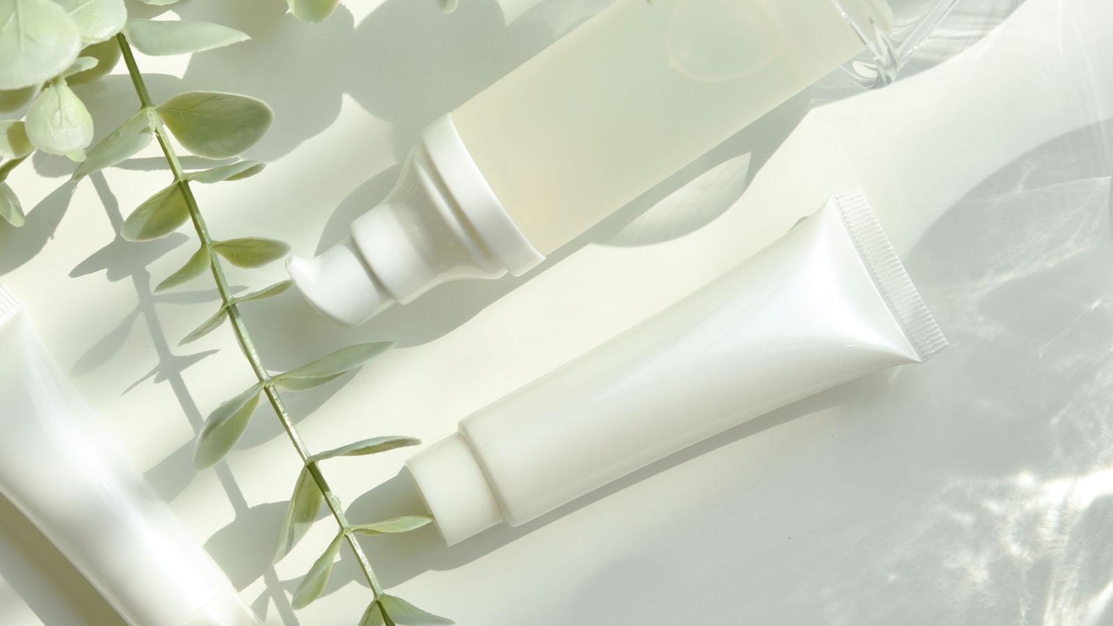 Unlabelled personal care tubes and containers arranged on a pale surface beside a sprig of foliage